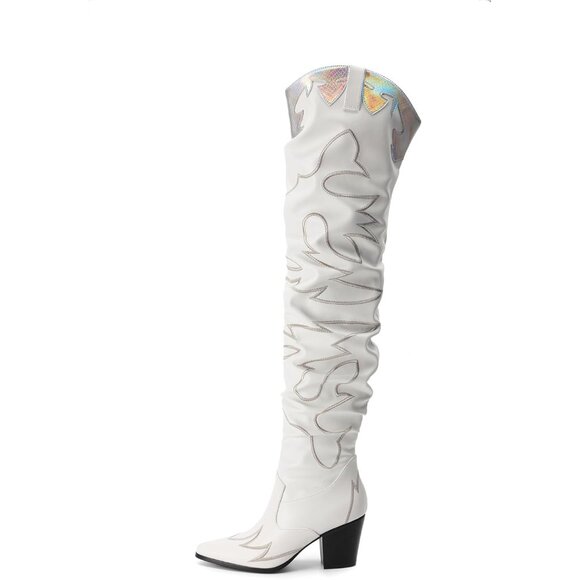 Women White Faux Suede Over The Knee Thigh High Western Pointed Toe Boots - Picture 7 of 7